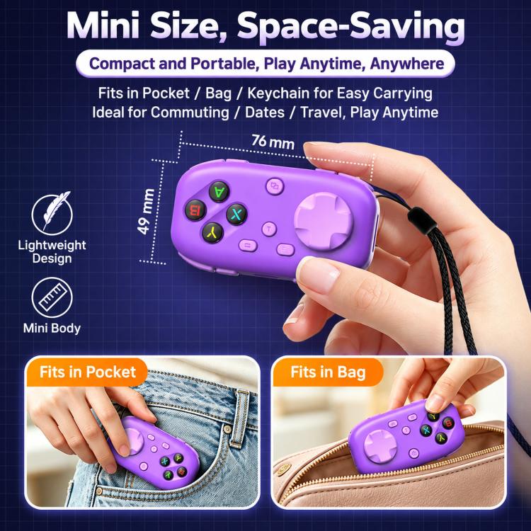 Purple mini pocket Bluetooth game controller in hand, compact with analog sticks and face buttons