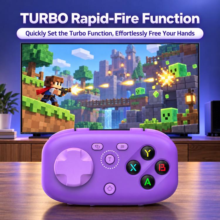 Purple mini pocket Bluetooth game controller with translucent left joystick and ABXY-style buttons
