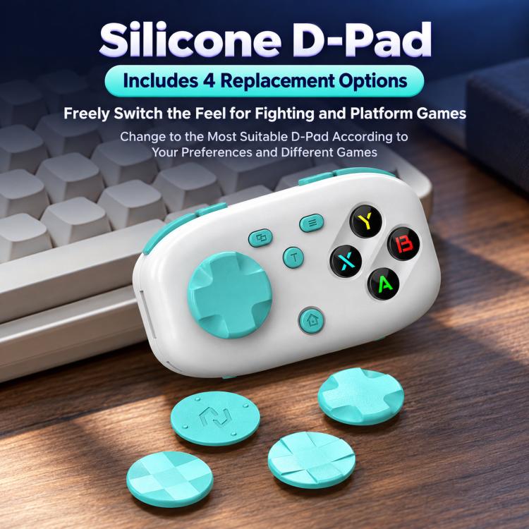 White Bluetooth mini controller with silicone D-pad and colored thumb buttons