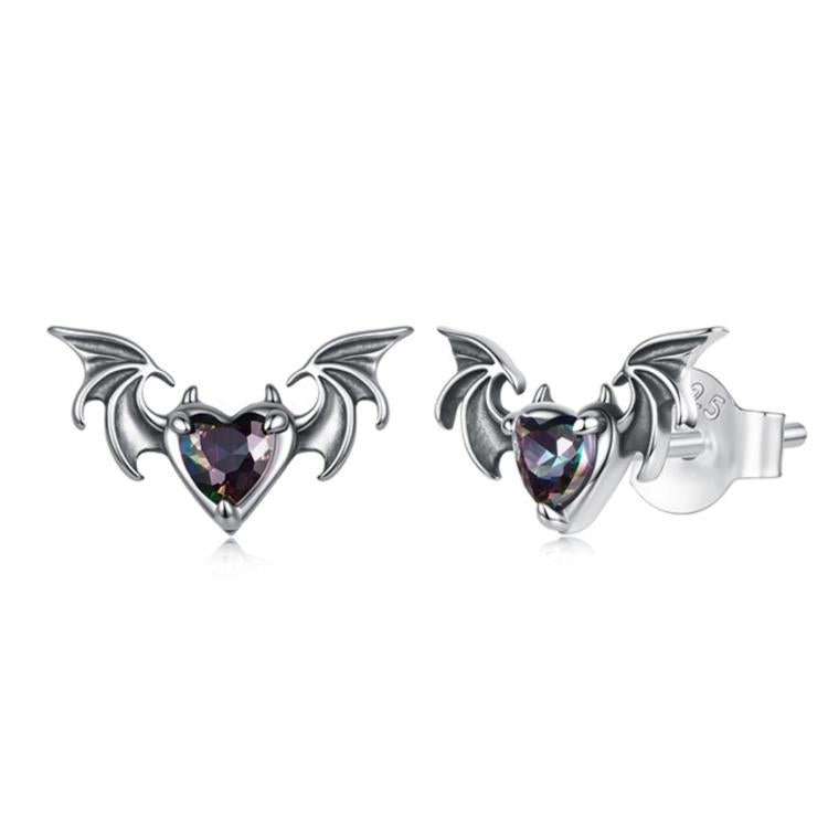 Sterling silver bat stud earrings with purple heart-shaped gemstone and oxidized finish