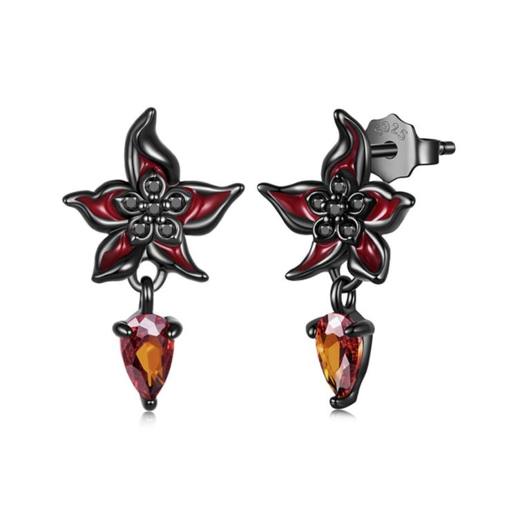 Gothic flower stud earrings in black with red enamel petals and amber teardrop dangle