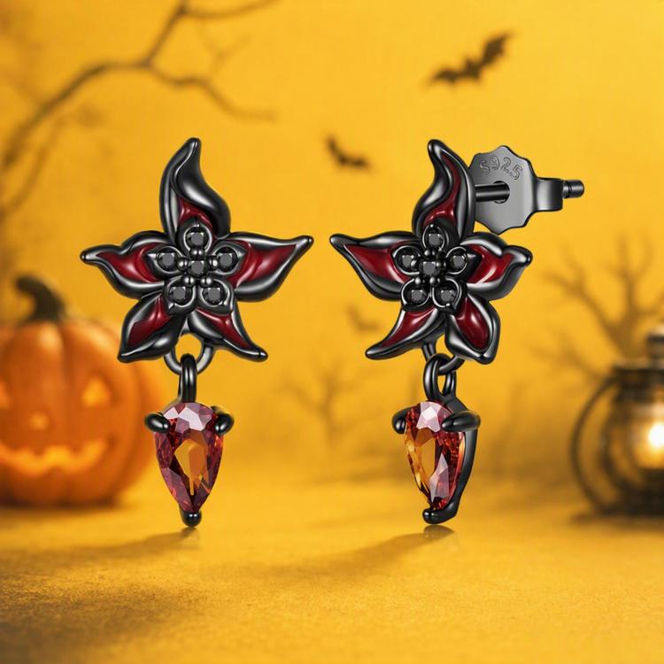 Pair of gothic flower stud earrings, black with red petals and amber teardrop dangles