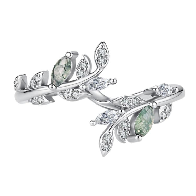 Sterling silver open leaf ring with green agate and clear crystal details