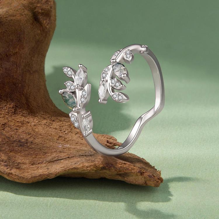Sterling silver open ring with green agate leaf center and sparkling crystal accents