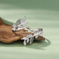 Sterling silver open leaf ring with green agate stone and crystal leaf motifs