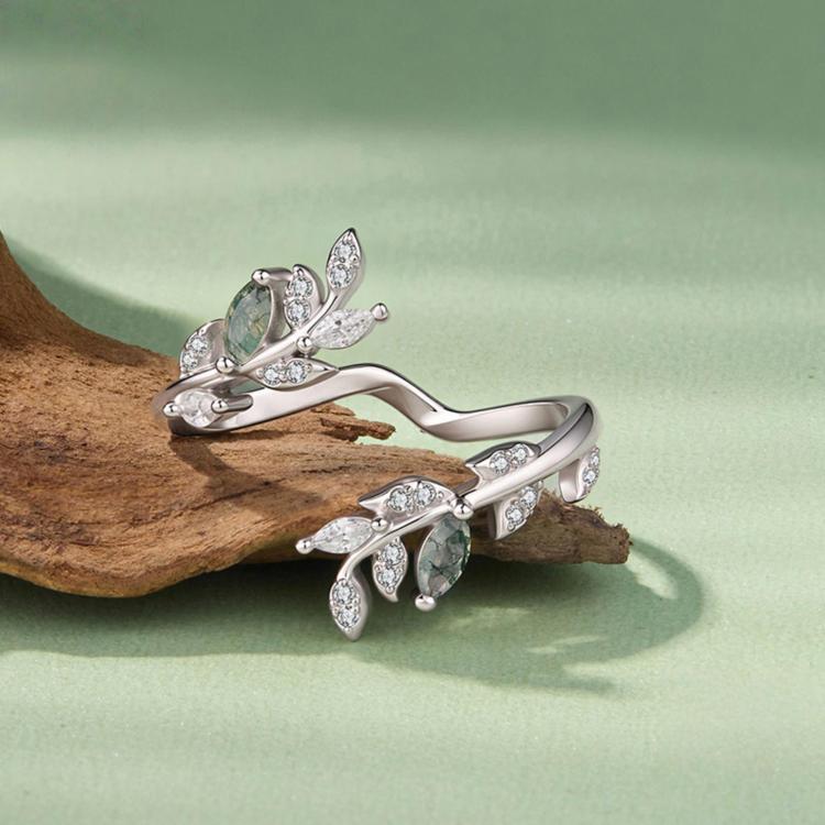 Sterling silver open leaf ring with green agate stone and crystal leaf motifs
