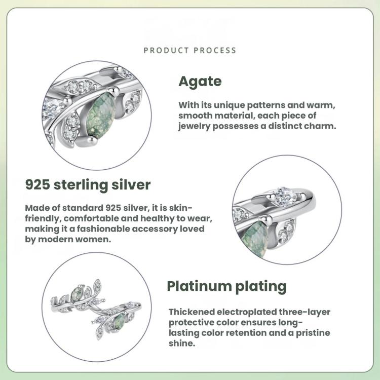 Product materials infographic: green agate, 925 sterling silver, platinum plating