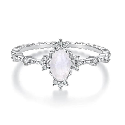 S925 sterling silver moonstone ring with oval pale moonstone and small halo stones