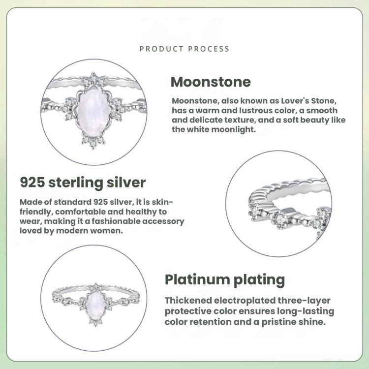 Moonstone ring product process card showing 925 sterling silver and platinum plating