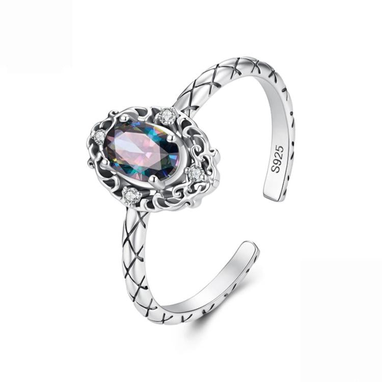 S925 sterling silver open ring with oval rainbow center stone and vintage filigree