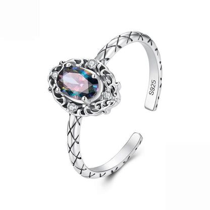 S925 sterling silver open ring with oval rainbow center stone and vintage filigree