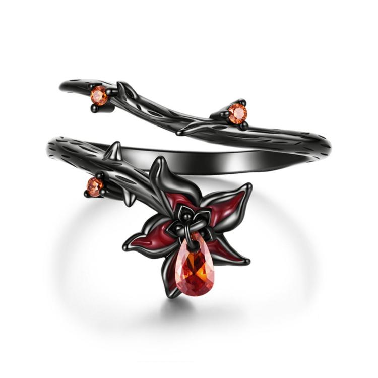 Open black-gold mandala gothic ring with red teardrop center and amber accent stones