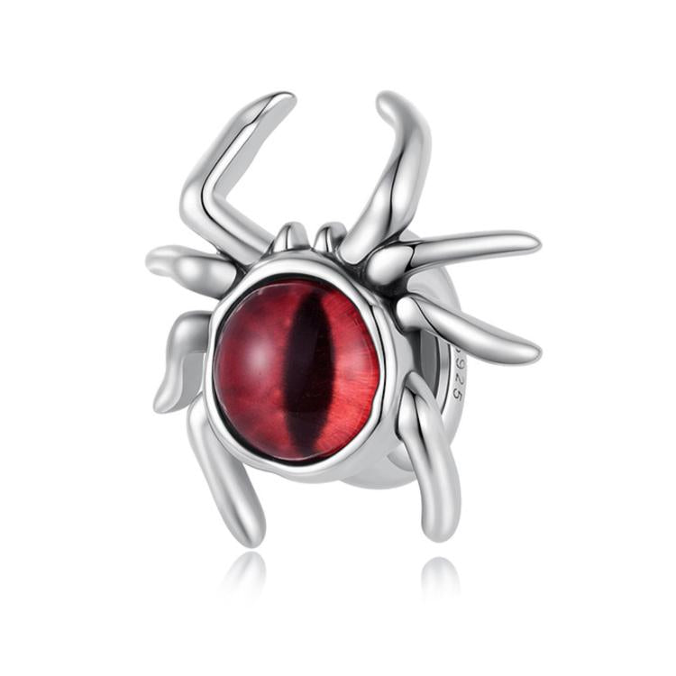 Sterling silver spider charm bead with red oval eye cabochon and clawed legs