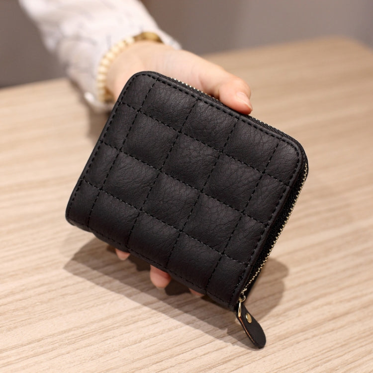 Black quilted mini wallet/coin purse with short zipper and gold-tone zipper pull