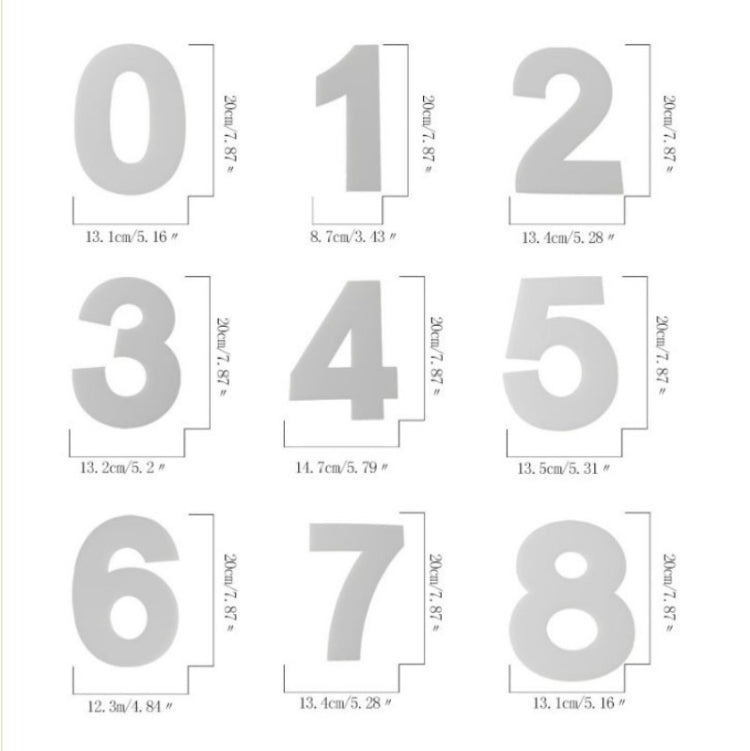 Printed size guide for gray number cake molds 0 through 8 with measurements