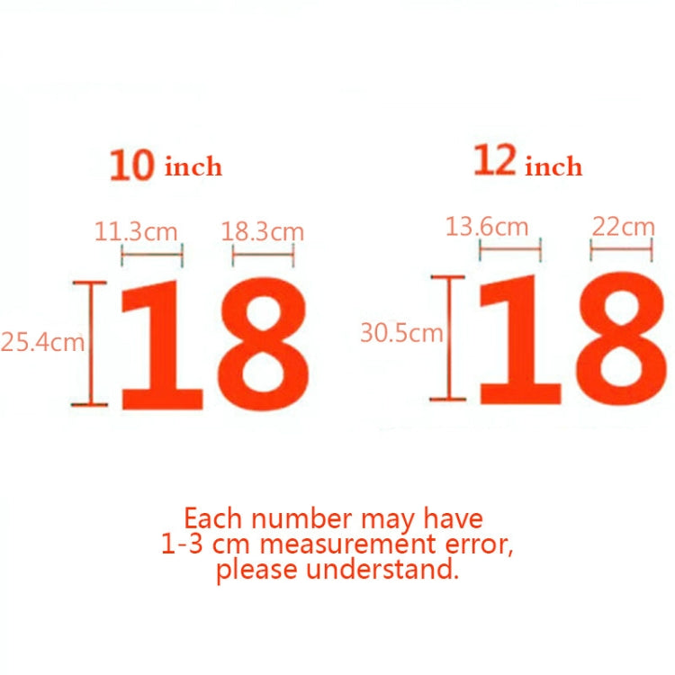 Size chart for number cake molds, 10 inch and 12 inch options