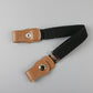 Children's elastic belt with metal snaps, tan ends on a dark black woven strap.