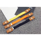 Kids elastic fabric belts with snap tabs in yellow, orange, and navy patterned straps.