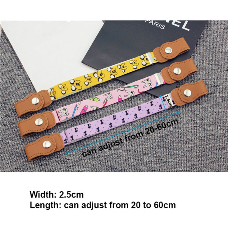 Children's elastic belts with tan snap tabs and colorful printed fabric straps.