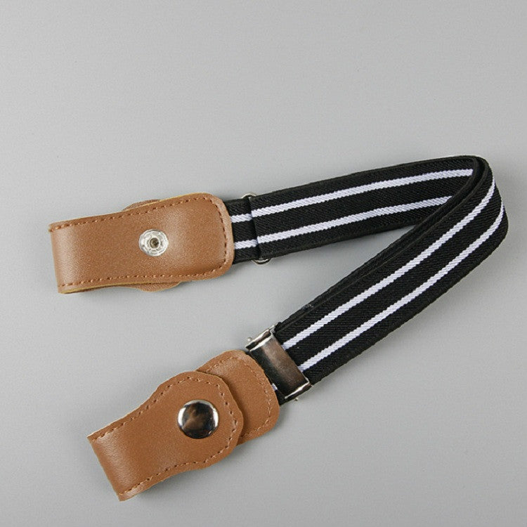 Children's elastic belt with tan snap tabs and black-and-white striped woven strap.