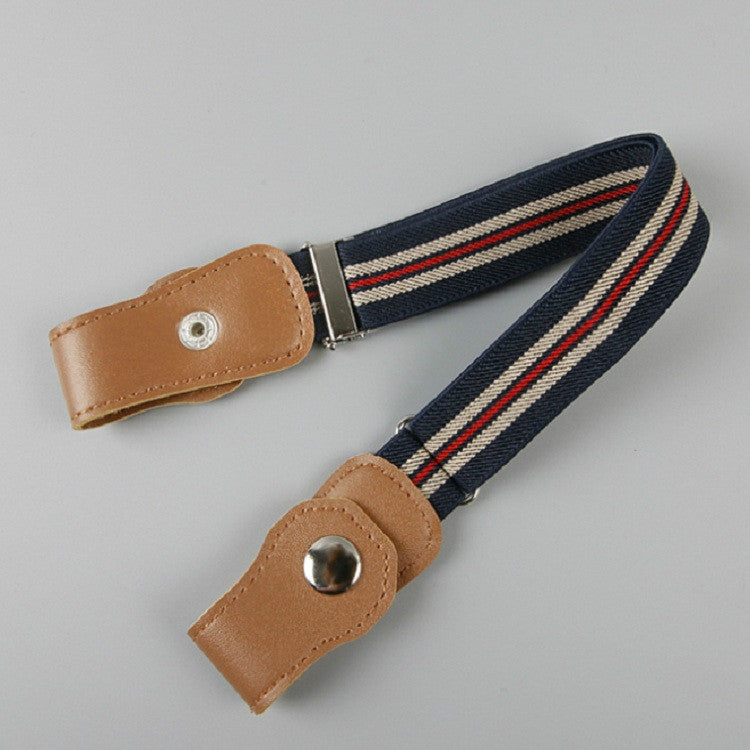 Children elastic snap belt with navy striped fabric and tan leather snap ends