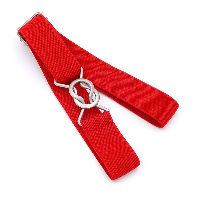 Red elastic braided children’s belt with silver clasp rings and adjustable end tab