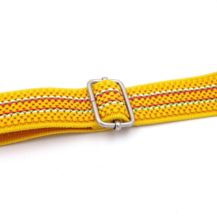 Yellow striped braided elastic belt detail with silver rectangular clasp ring