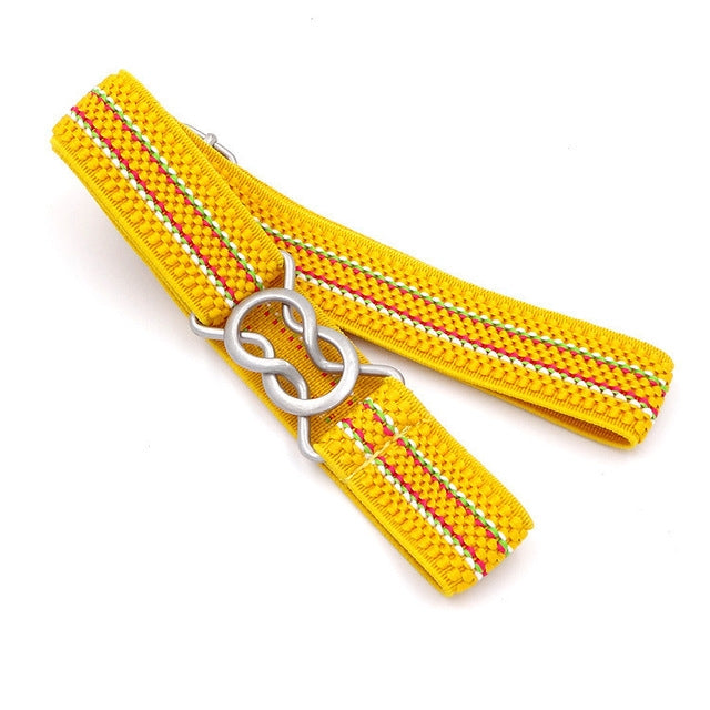 Yellow striped braided elastic children’s belt with silver clasp rings