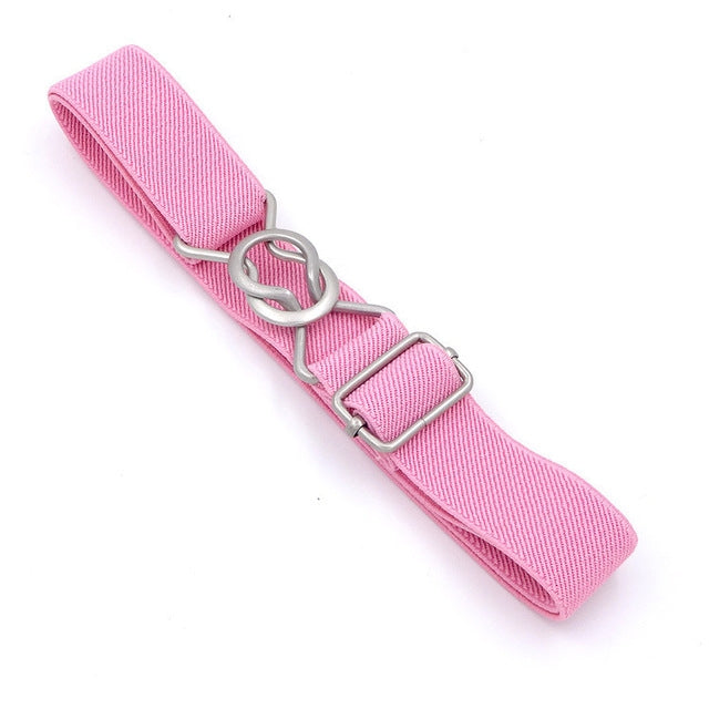Pink elastic braided children’s belt with silver buckle and clasp rings