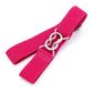Rose pink elastic braided children’s belt with silver clasp rings and metal buckle
