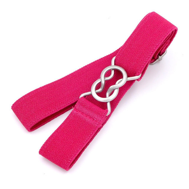 Rose pink elastic braided children’s belt with silver clasp rings and metal buckle