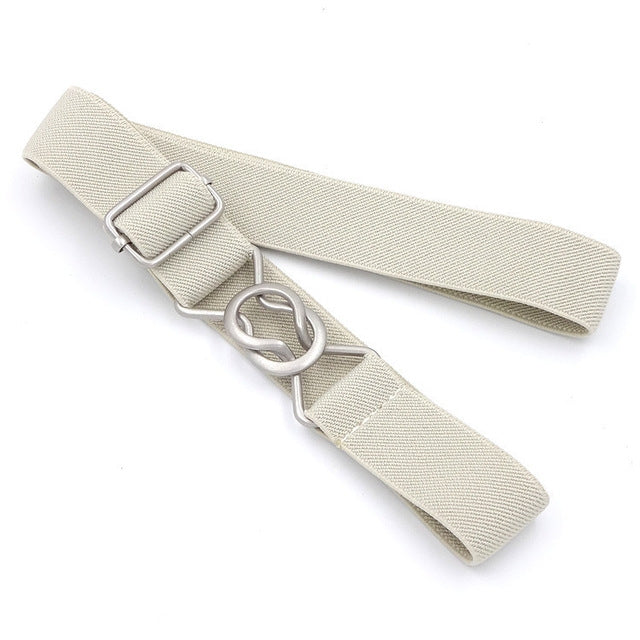 Kids braided elastic belt with buckle and metal clasp, beige fabric strap
