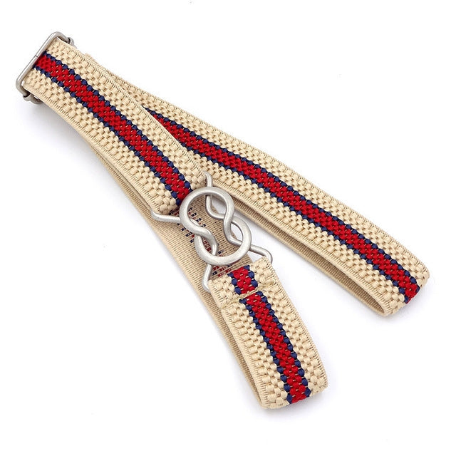 Kids braided elastic belt with metal clasp, beige woven strap with red and blue stripes
