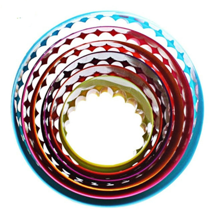 Set of 5 round plastic cookie plunger molds with stacked maroon and white rings