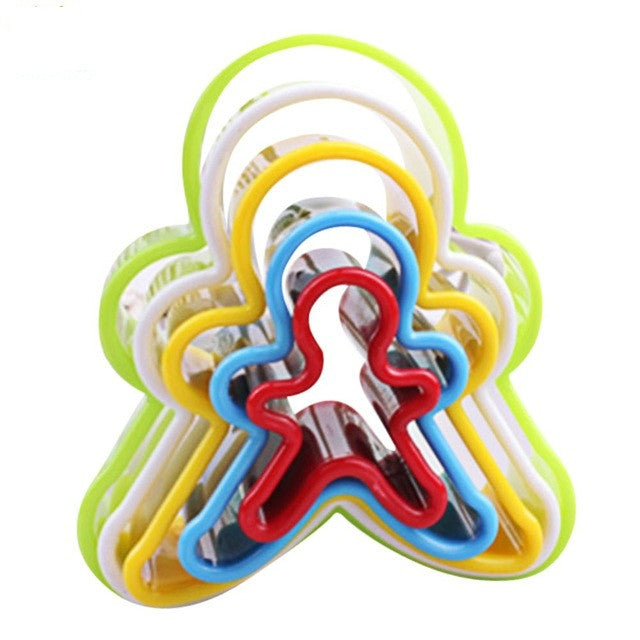 Set of 5 star-shaped plastic cookie plunger molds with rainbow stacked outlines