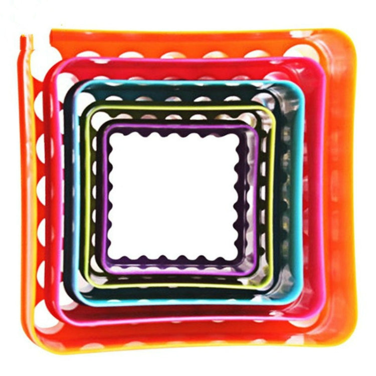 Set of 5 square plastic cookie plunger molds with scalloped edges in rainbow colors