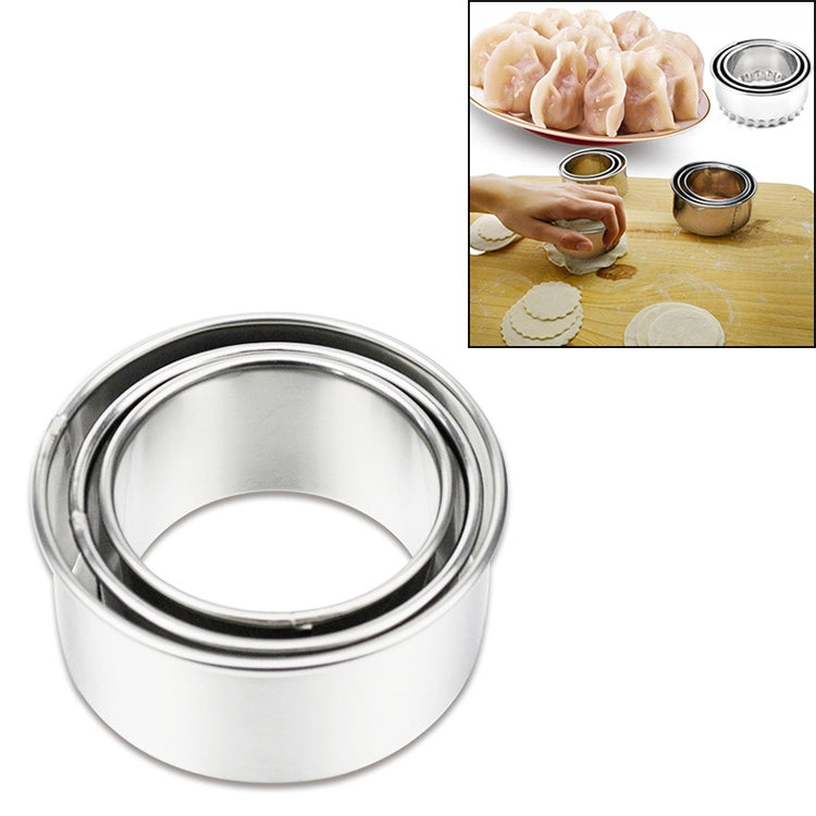 Round stainless steel dumpling wrapper mold set with nested cutters, sawtooth edge