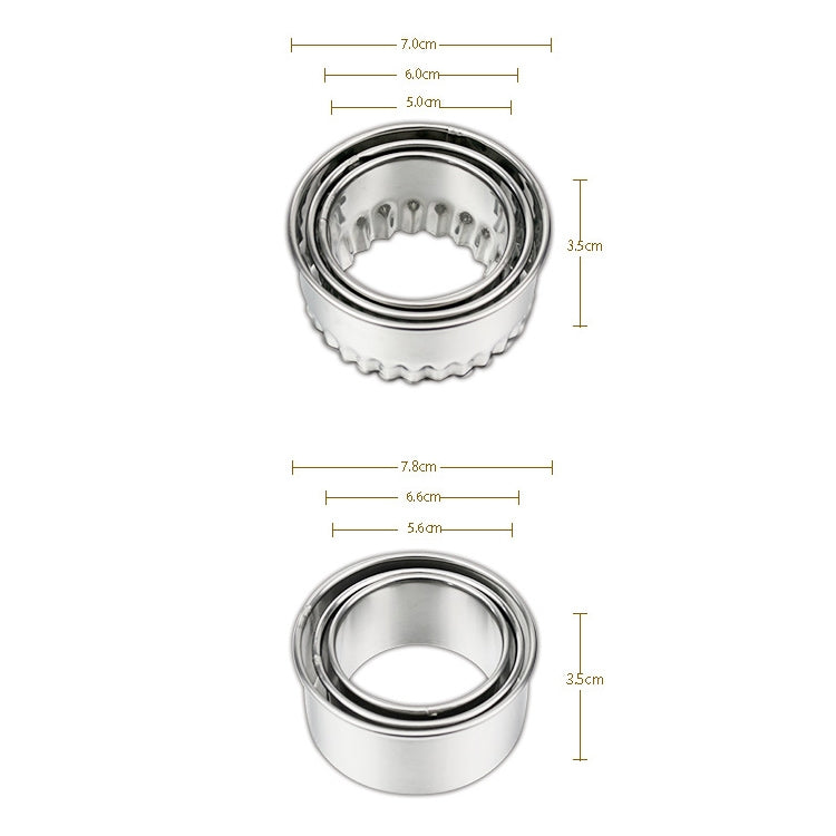 Round stainless steel dumpling wrapper cutters with sawtooth edge, size diagram