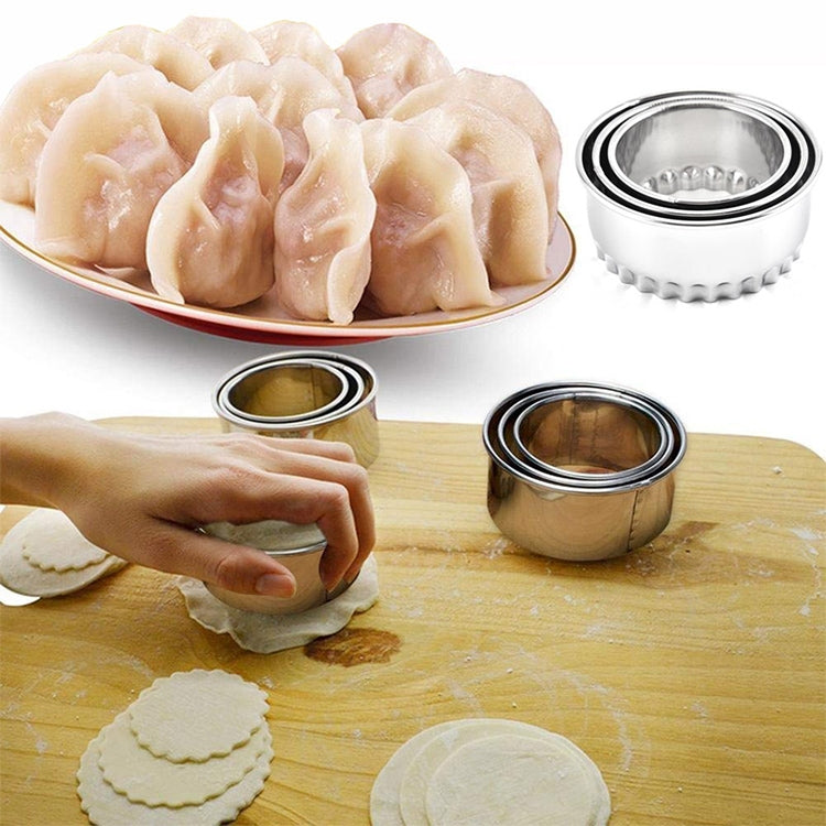 Stainless steel dumpling wrapper mold set with pleated dumplings and dough discs