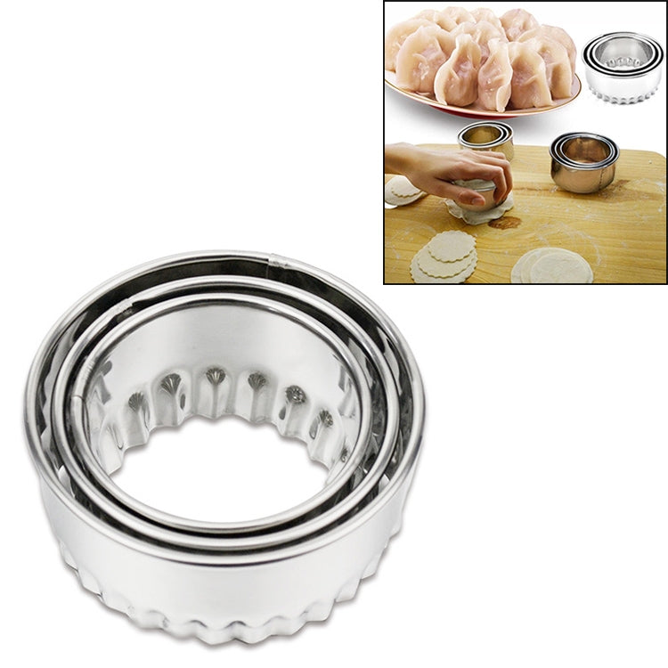 Round stainless steel dumpling wrapper mold cutter with scalloped edge