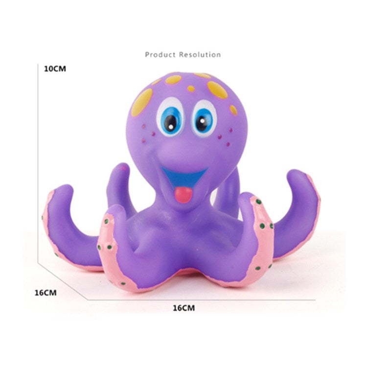 Purple octopus bath toy with big blue eyes, smiling mouth, and yellow spots