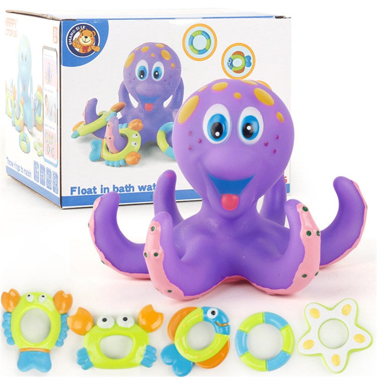 Boxed purple octopus bath water toy with ring thrower accessories and octopus figure