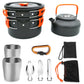 Camping teapot set kit with orange handle kettle, metal cups, utensil set, and storage pouch
