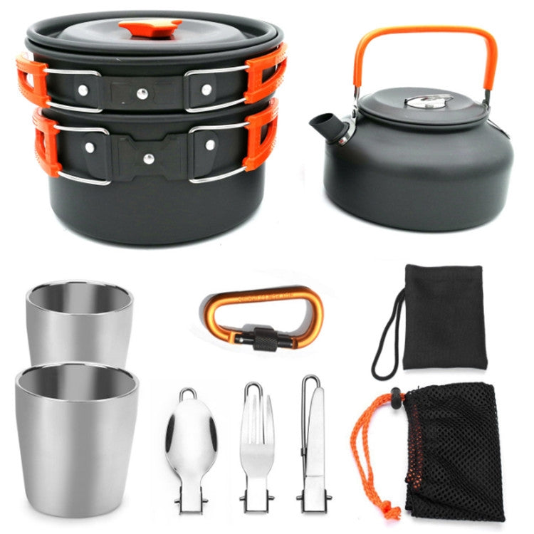 Camping teapot set kit with orange handle kettle, metal cups, utensil set, and storage pouch
