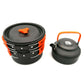 Camping teapot set with stackable cookware and kettle, orange accents and lid tops
