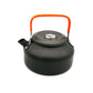 Camping teapot with rounded lid and orange carry handle, compact black kettle