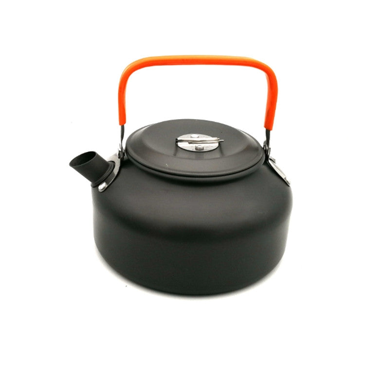 Camping teapot with rounded lid and orange carry handle, compact black kettle