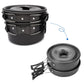 Stackable camping cookware set with connected latches and two covered pots