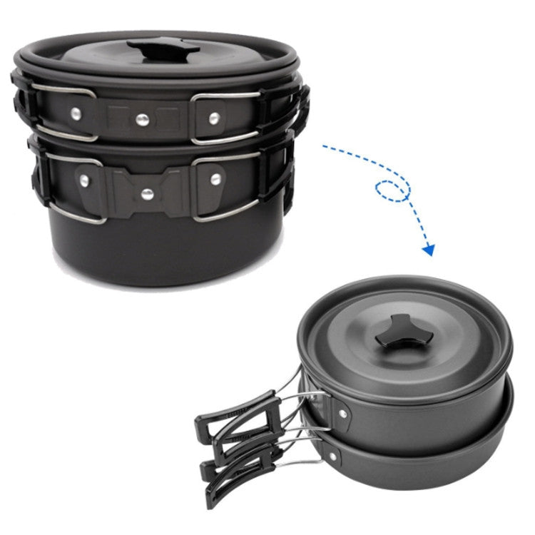 Stackable camping cookware set with connected latches and two covered pots