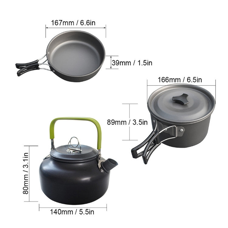 Compact camping teapot set with green handle kettle and stackable cups